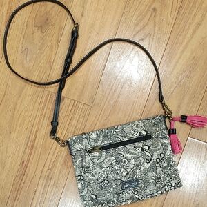 Sakroots Black & White Floral Crossbody with Pink Tassels